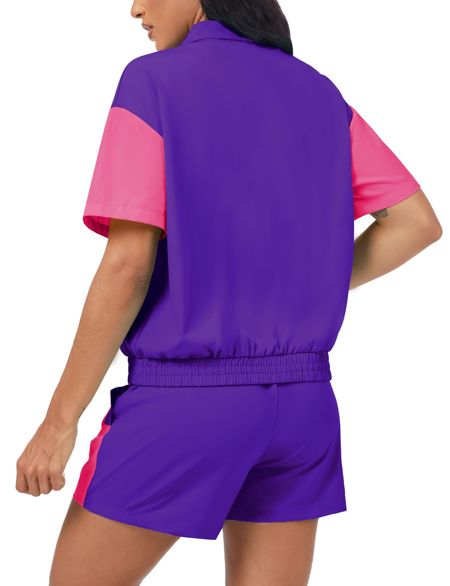 ZDT Women's Color Block 80s 90s Outfit 2 Piece Short Sleeve Costume Zip Up Windbreaker Track Suits Set Purple XL