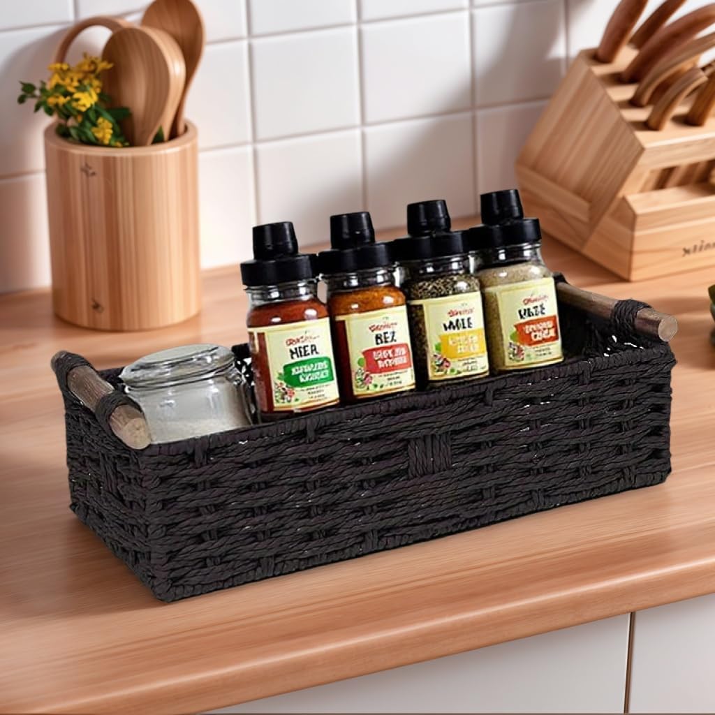 Rattanzenith Black Paper Rope Storage Basket with Wooden Handle – Handwoven Decorative Wicker Basket for Organizing Toilet Tank, Countertop, Cosmetics & Toilet Paper – 1PC