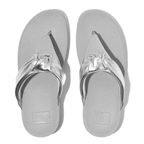 FitFlop Women's Lulu Padded-Knot Metallic-Leather Toe-Post Sandals Silver 7 Medium