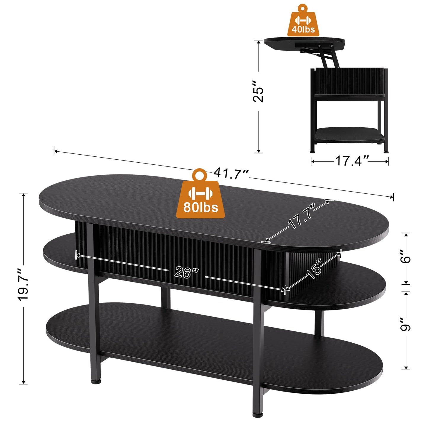 FABATO 41.7" Oval Lift Top Coffee Table, Fluted Wood Center Table with Hidden Storage, 3 Tier Small Tables with Curved Edge, Modern Narrow Coffee Table for Living Room Reception Room, Black