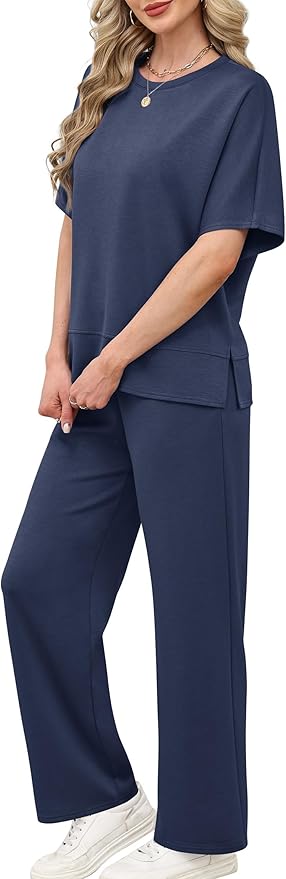 XIEERDUO Women's Side Slit Lounge Sets 2 Piece Travel Outfits Airport Tracksuit Oversized Wide Leg Loungewear S-3XL