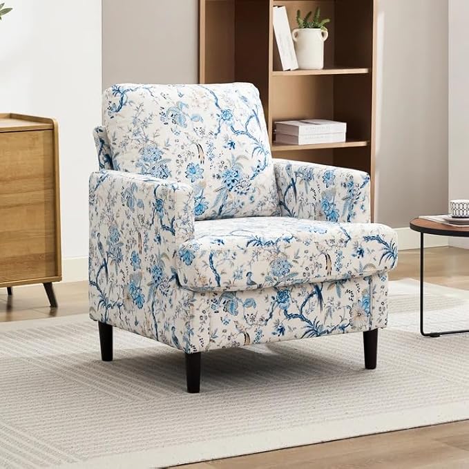 Weture Mid-Century Accent Chair,Modern Linen Fabric Armchair for Living Room,Comfy Upholstered Reading Accent Chairs for Bedroom,Single Sofa Chair with Wood Legs (Blue Flowered Bird, 1 Pack)