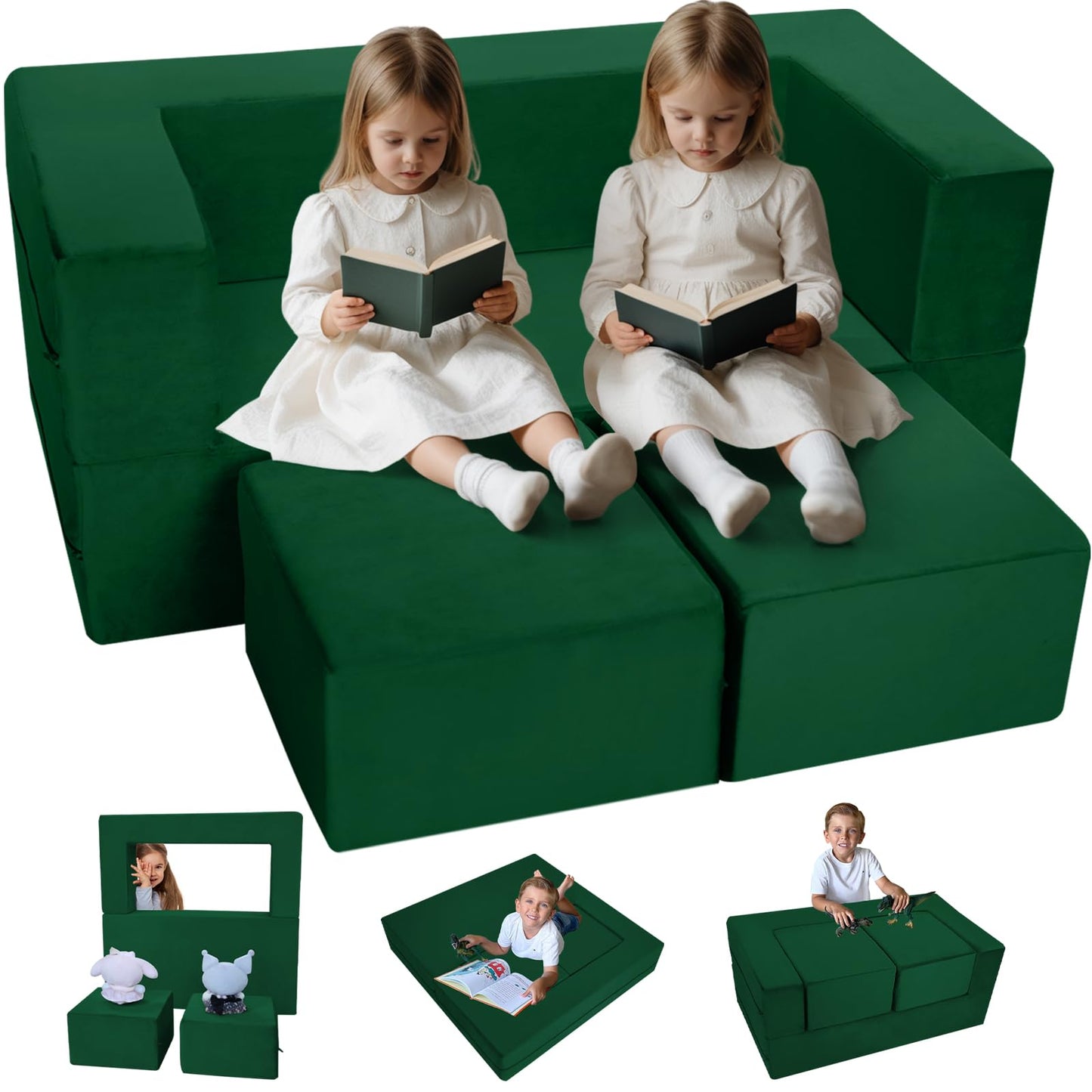 MeMoreCool Modular Kids Play Couch Sofa – Green Convertible Toddler Couch, Fold-Out Plush Foam Chair for Children’s Playroom