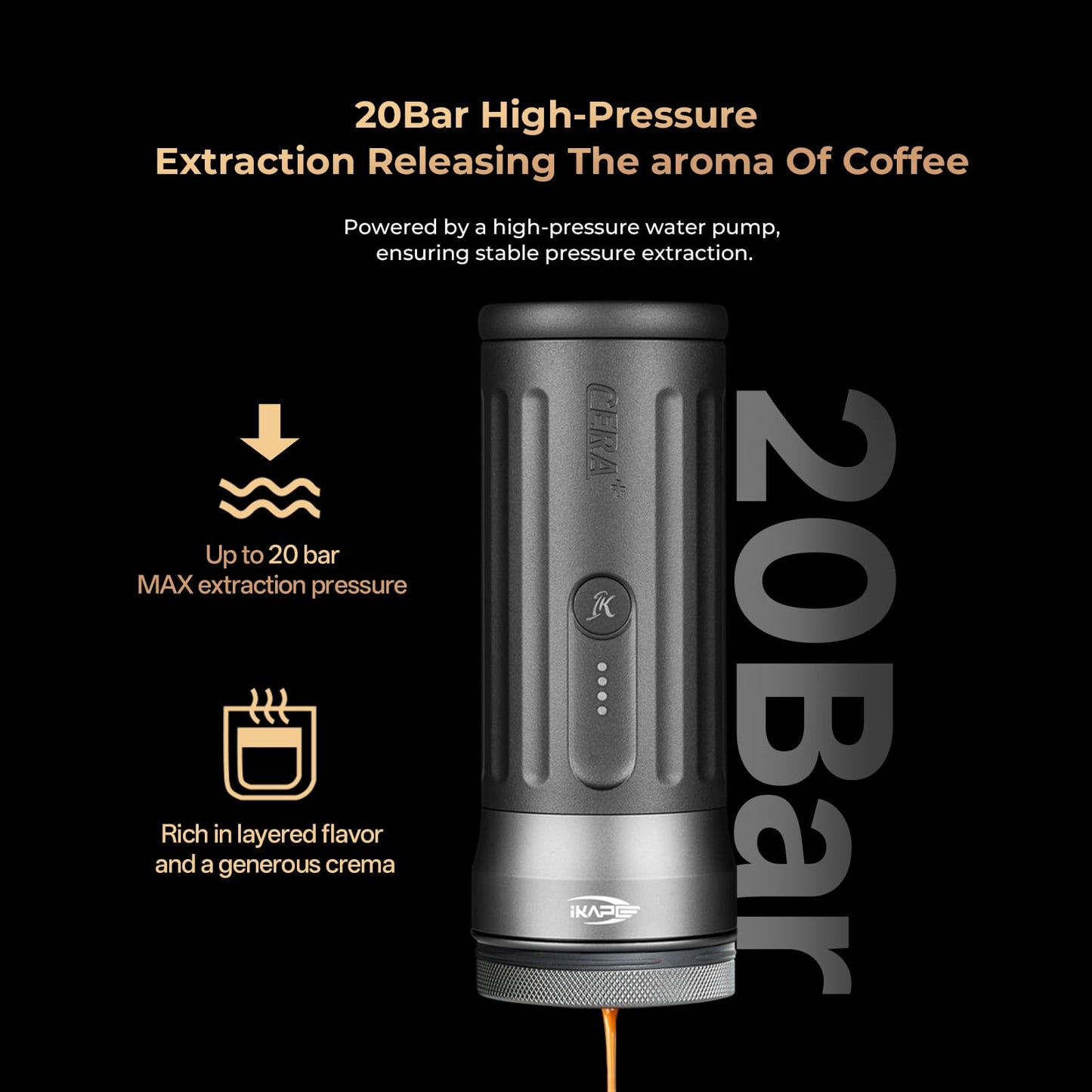 IKAPE Newly KAPO K2 Pro Portable Espresso Machine with Bl uetooth APP Connect & 58mm Bottomless Basket, Electric Coffee Maker 20 Bar Pressure, for Home, Travel, Camping