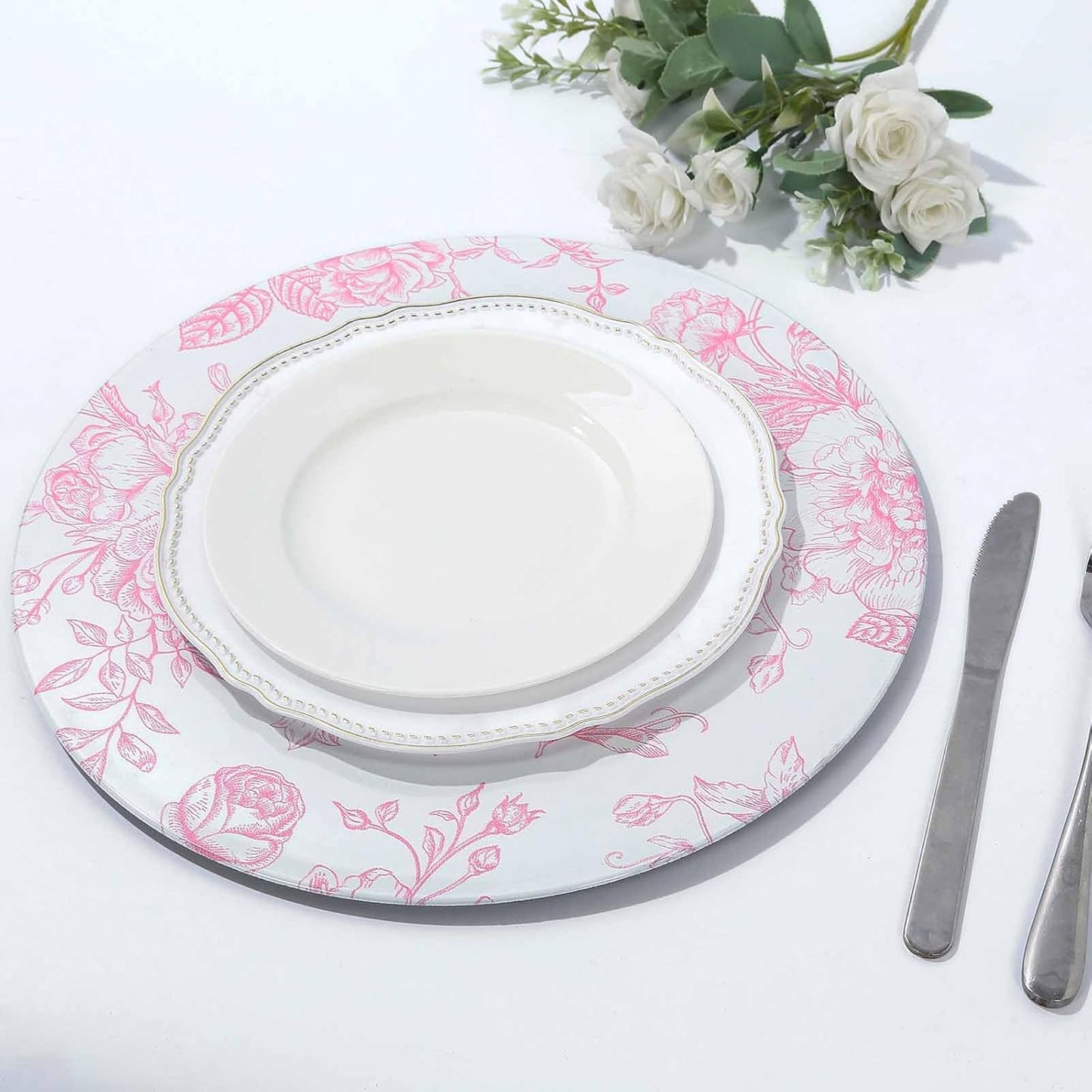 Efavormart 6 Pack White Pink Floral Acrylic Charger Plates in French Toile Pattern, Round Dinner Charger Event Tabletop Decor - 13"