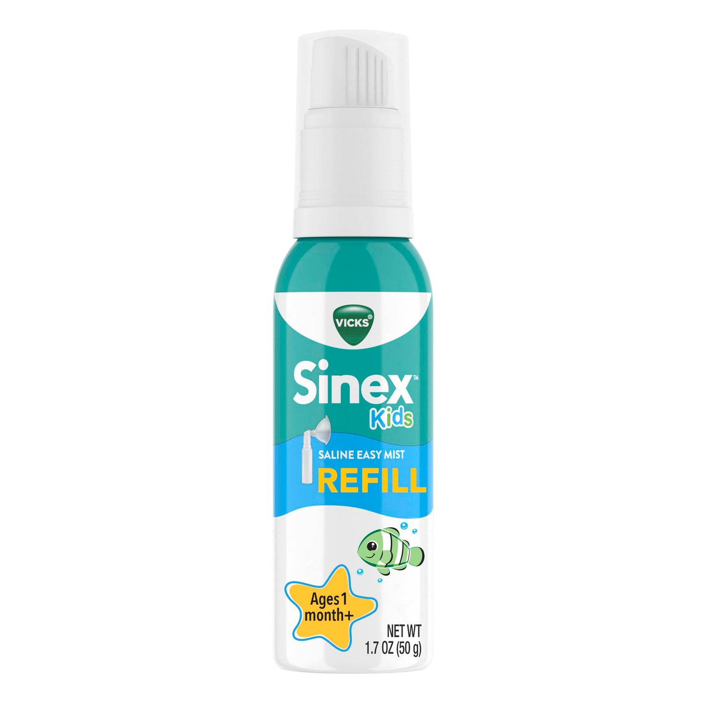 Vicks Sinex Kids Saline Easy Mist Refill, Drug Free Saline, Ages 1 Month+, Gently Clears and Soothes Everyday Stuffy Noses, Safe for Daily Use, 1.7 OZ