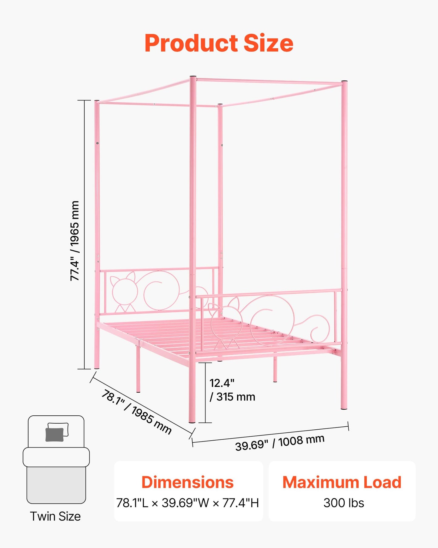 VEVOR Twin Size Canopy Bed Frame, Metal Canopy Bed with Minimalist Headboard & Four Posters Design, Heavy Duty Steel Slats Support, Underbed Storage Space, No Box Spring Needed, Easy Assembly, Pink