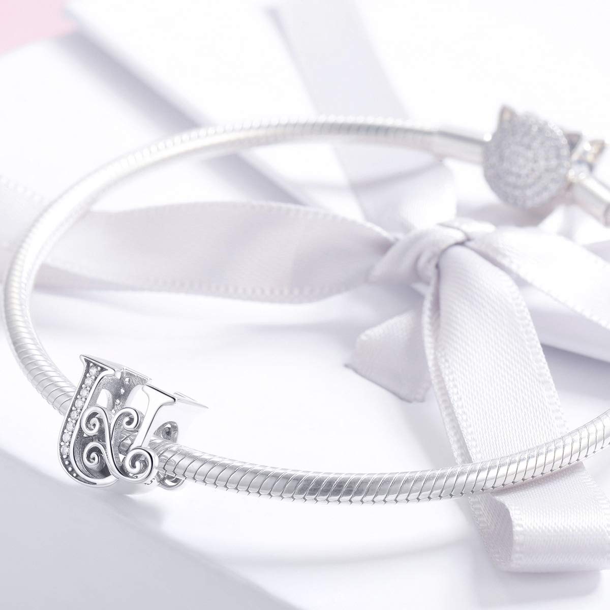 BISAER 925 Sterling Silver Initial Letter U Charms for Bracelets Alphabet Beads Charm Jewelry Gifts