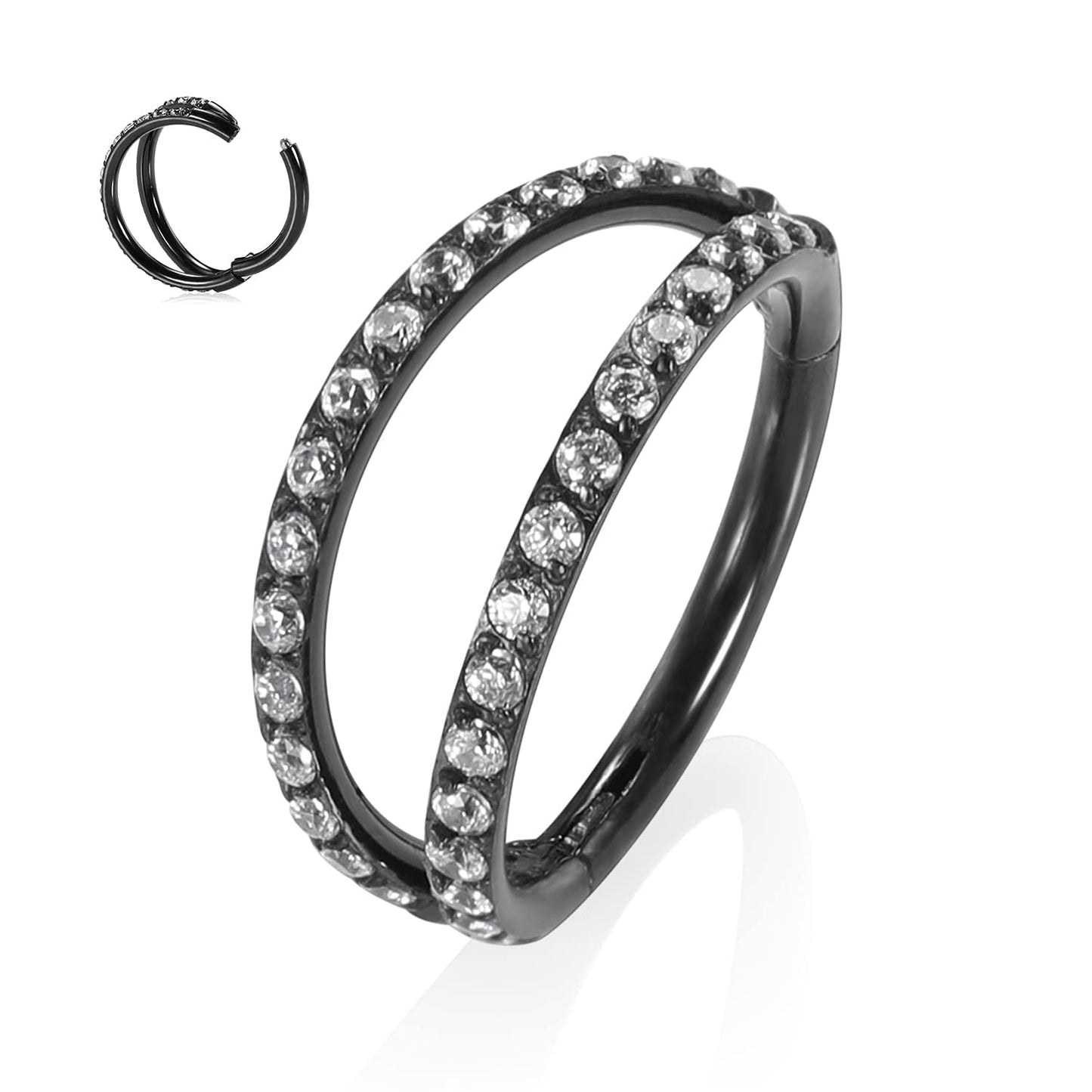 PEAKLINK Black Double Nose Hoop Ring Helix Cartilage Conch Earring 316L Surgical Steel Septum Jewelry 10mm with CZ Tragus Rook D