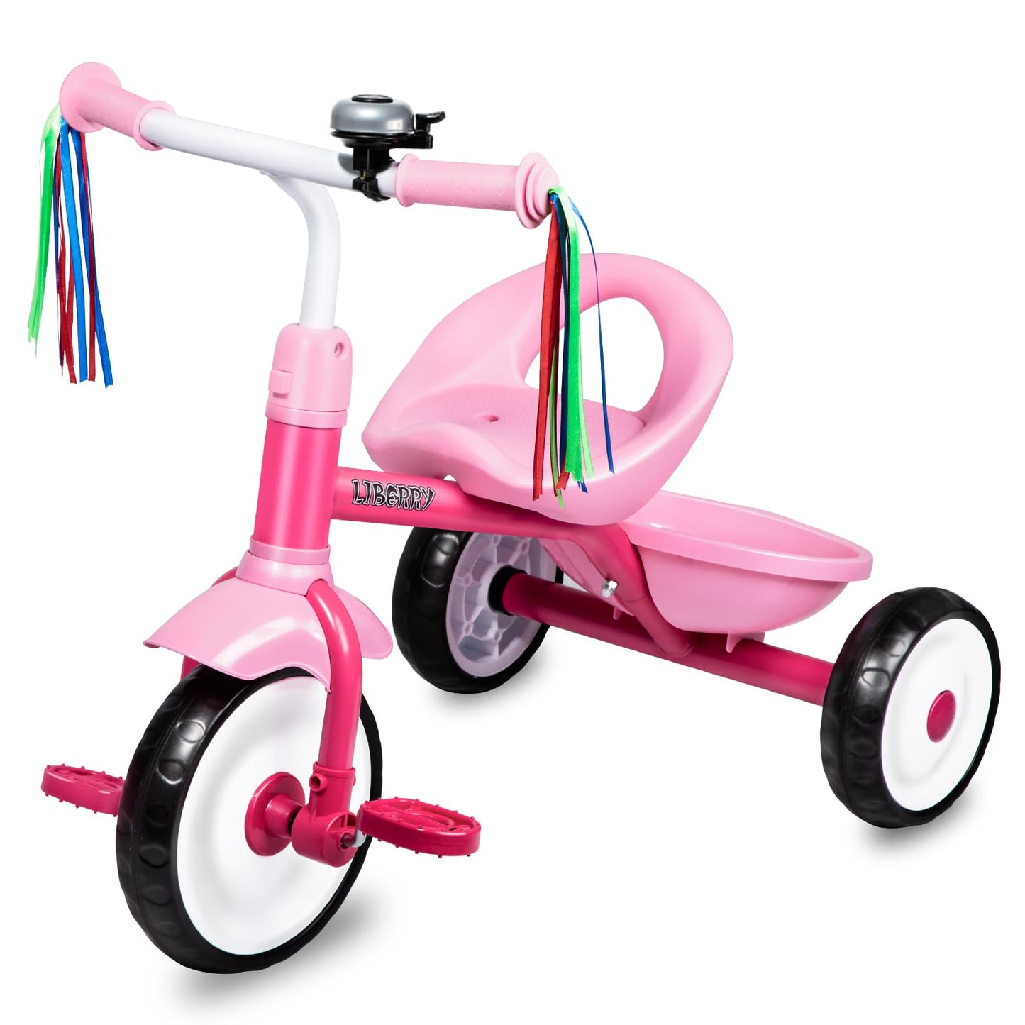 Liberry Toddler Tricycle Age 2 3 4 Years Old, Kids Trike with Bell, Back Basket and Removable Pedal, 3 Wheel Bike Birthday Toys Gift for Boys Girls, Pink