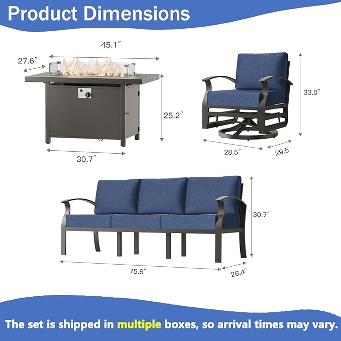RTDTD Aluminum Outdoor Patio Furniture Set,4 Pieces 5 Seats Patio Conversation Sets with 45" Propane Fire Pit Table,Metal Patio Sectional Furniture Set with 2 Swivel Rocking Chairs,Navy Blue