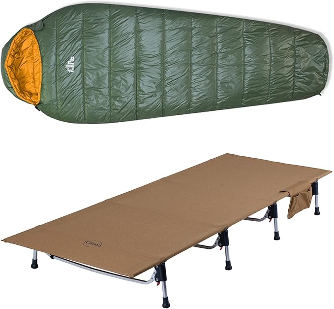 iClimb 1 3M Thinsulate Insulation Sleeping Bag and 1 Super Easy Assemble Cot Bundle, Ultralight Compact for Solo Adult Out...