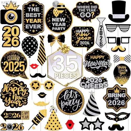 KatchOn, Huge New Years Photo Booth Props 2026 - Glitter, Pack of 35 | New Years Eve Photo Booth Props for New Years Eve P...