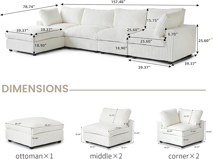 WJShome Cloud Modular Sectional Sofa,160" Oversized L Shaped Sofa Couch with Storage Ottoman,5 Seater Comfy Couch with Chaise Couches,Covers Washable&Replaceable (Beige)