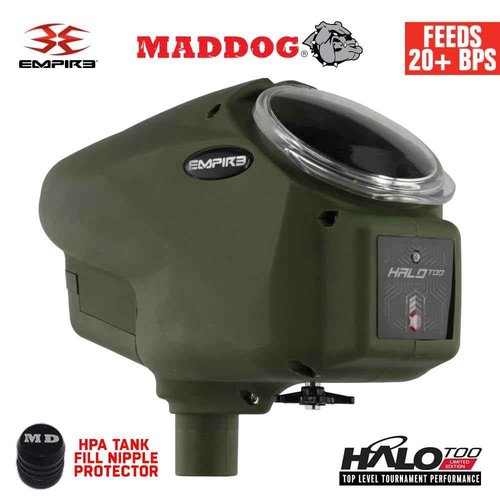 Maddog Empire Halo Too Automatic Electronic Paintball Loader Hopper with HPA Paintball Tank Fill Nipple Protector | Feeds 20+ BPS | Limited Edition Matte Olive | No Speed Feed