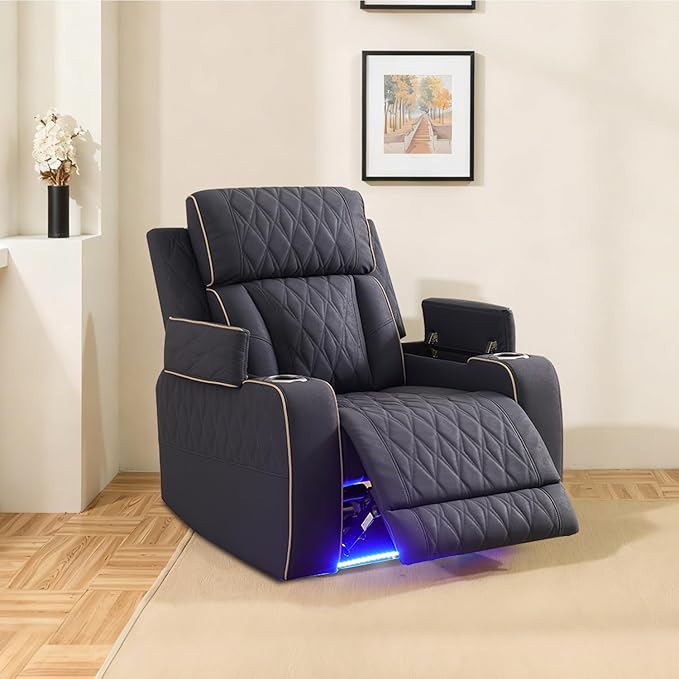 Caberryne Power Recliner Chair with LED Lights,Leather Reclining Couch with Storage Console/Arm Cup Holder for House/Home Theater/Small Space/Rv(Single Chair,Navy)