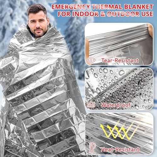 SecuCaptain Survival Emergency Thermal Blankets: Extra Large 84” x63” Space Mylar Blanket Kit for Outdoor Cold Winter Camp...