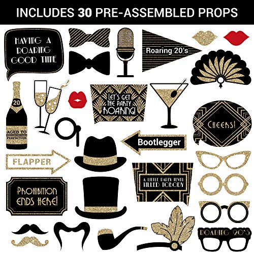 Fully Assembled Roaring 20s Photo Booth Props - Set of 30 - Black & Gold Glitter Selfie Signs - Great Gatsby Themed Party ...