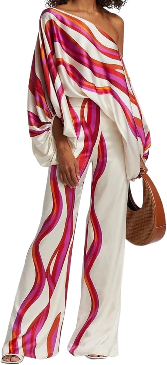 REASERAL Womens Fall Loose 2 Piece Outfits Off Shoulder Printed Long Sleeve Casual Going Out Wide Leg Pants Set