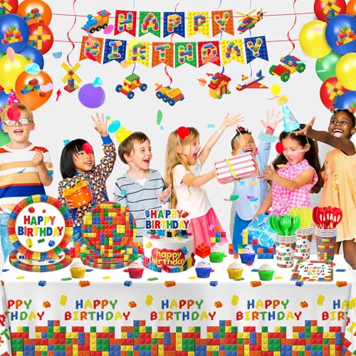 173 PCS Building Block Birthday Party Decorations - Plates, Napkins, Cups, Cutlery, Cake & Cupcake Toppers, Banner, Hangin...