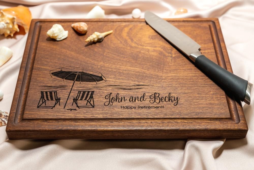 Personalized Cutting Board, Custom Wedding, Anniversary or Housewarming Gift Idea, Wood Engraved Charcuterie, for Couples and Friends, Tropical Beach Design 051