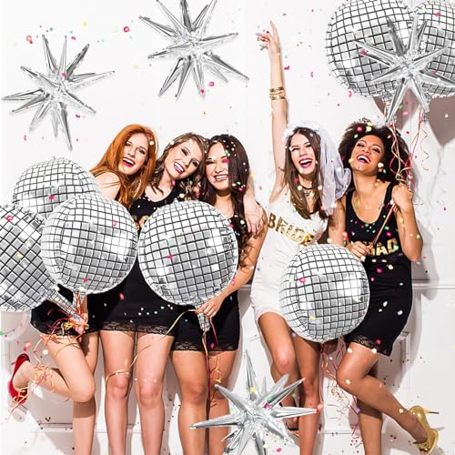 OuMuaMua Disco Ball Balloons for 70s Disco Party Decor, 22 Inch Large 4D Metallic Silver Disco Balloons with Stars Balloon...