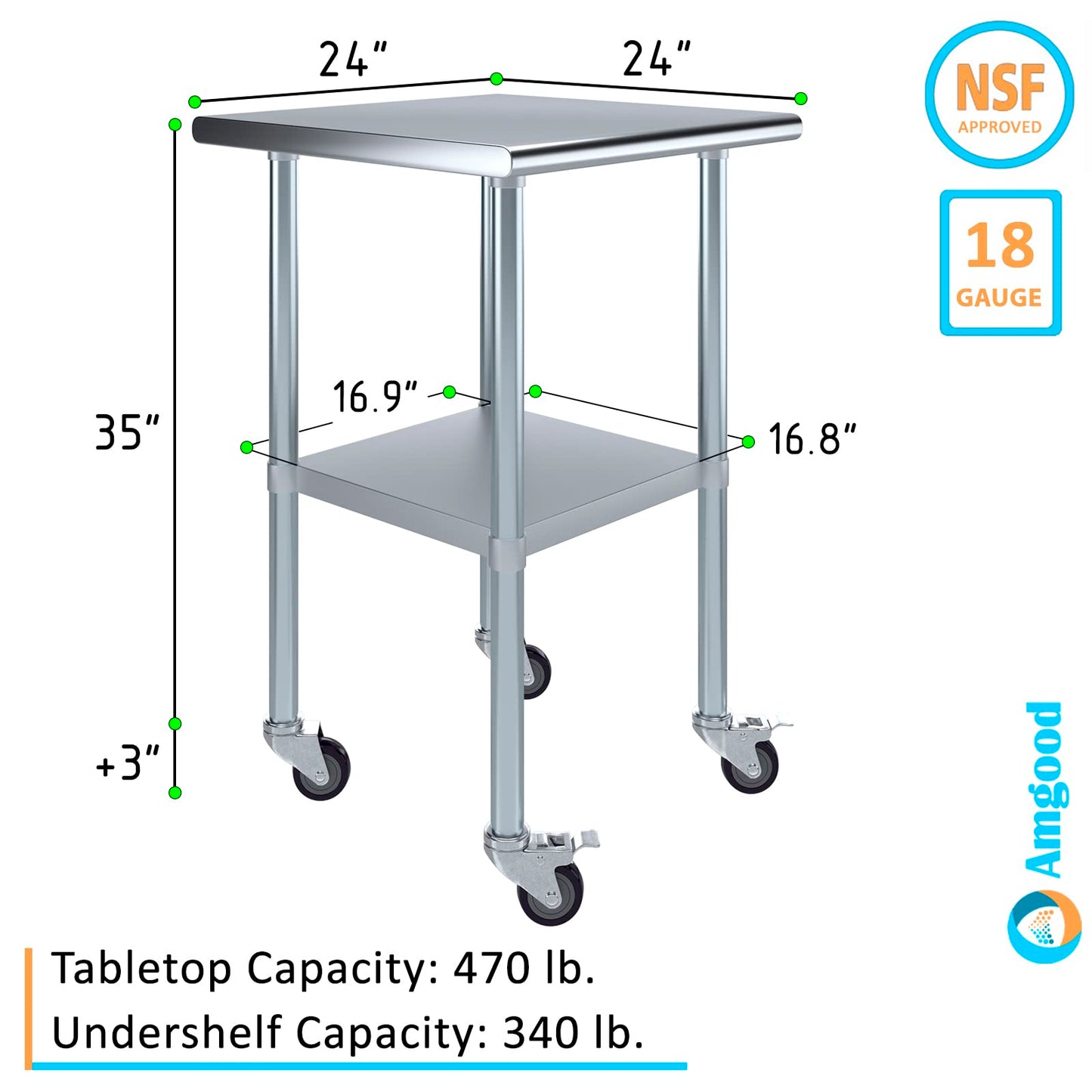 AmGood 24 in. x 24 in. Stainless Steel Work Table with Wheels | Metal Kitchen Food Prep Table | NSF