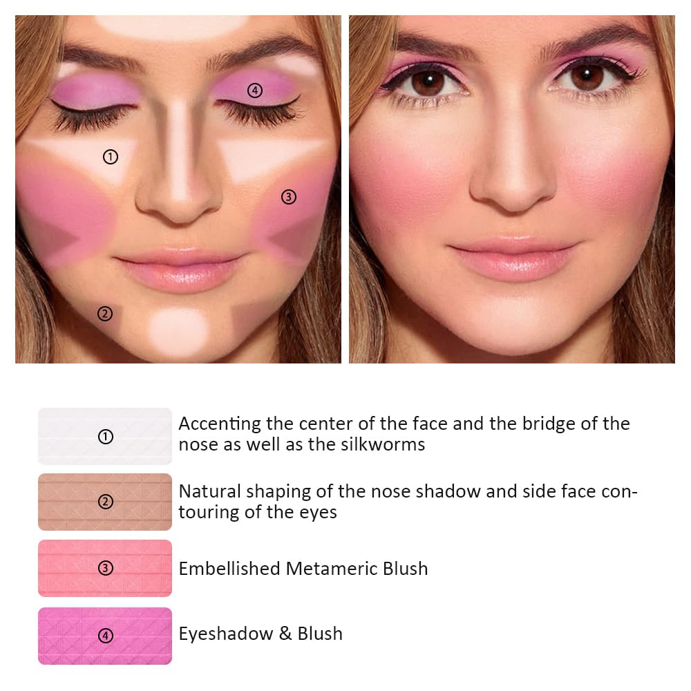 HHLTOH Matte Powder Blush Palette, 4 Colors Face Palette with White Highlighter, Brown Contour, Pink & Rose Pink Blush for Cheek