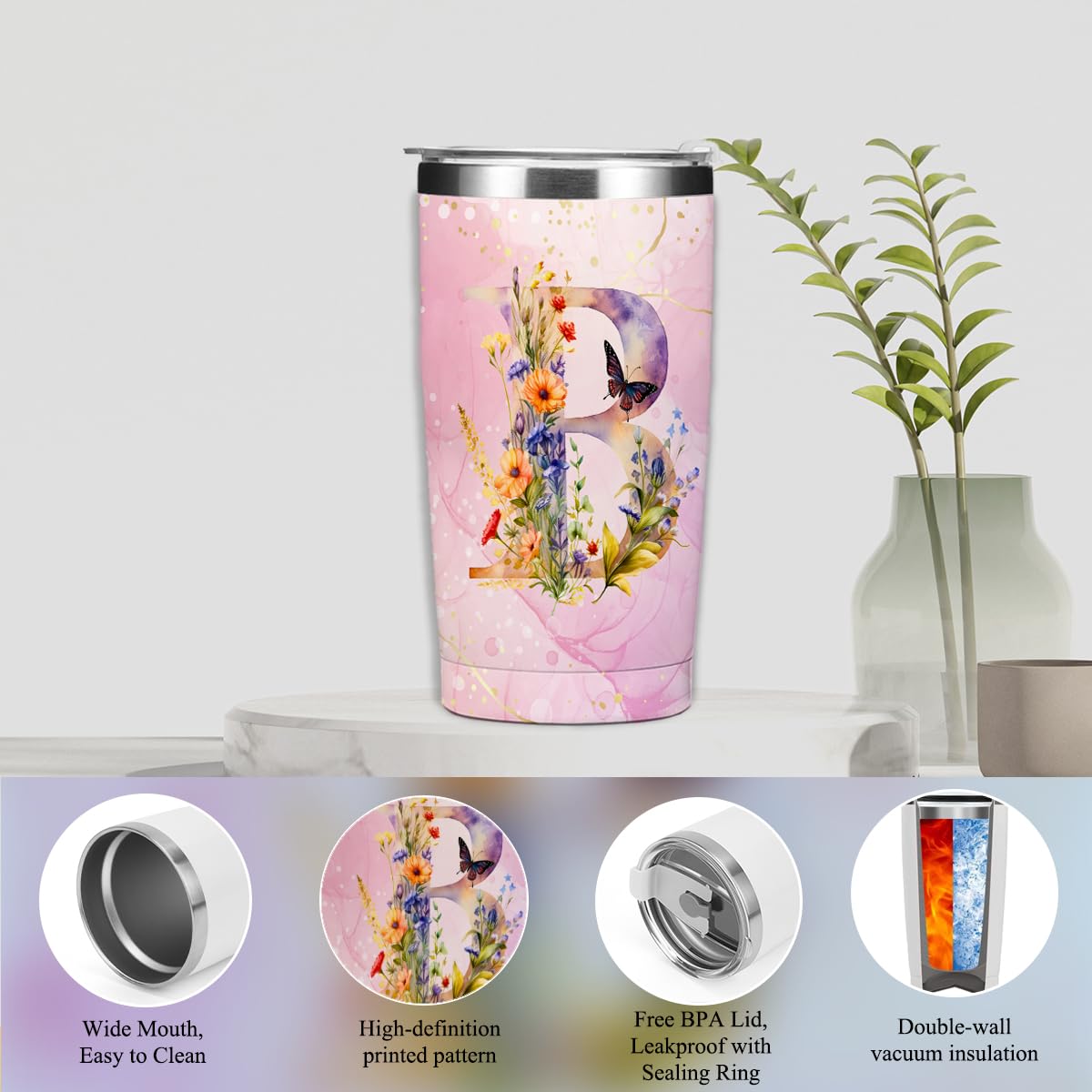 XLRSDF Personalized Gifts Monogrammed Birthday Gifts for Women, Cowerker Mom Boss Day Christmas Initial 20 oz Tumbler, Makeup Bag Cup Ballpoint Pens Journal Notebook 6 Set, (Aesthetic Pink Flower B)