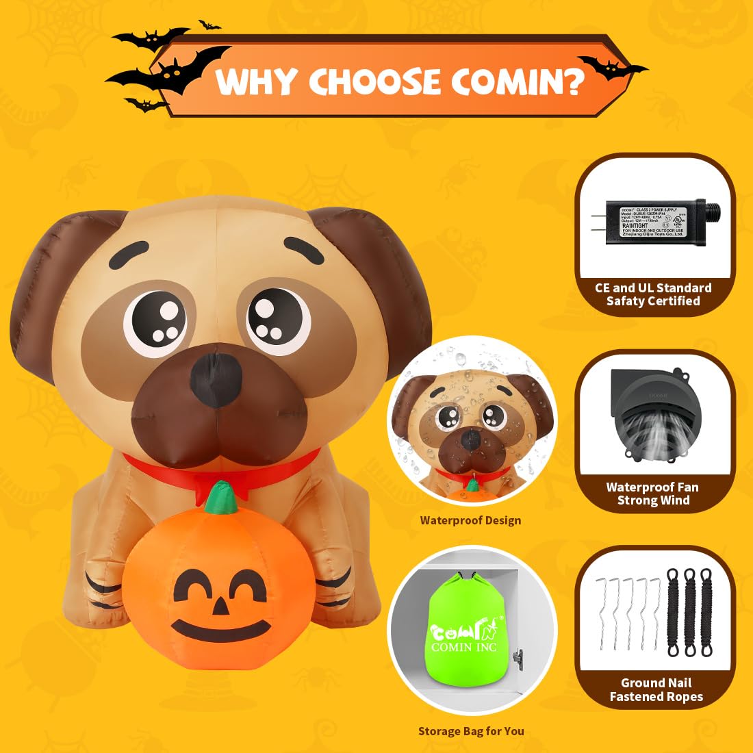 COMIN 5 FT Halloween Inflatables Dog Outdoor Yard Decorations Blow Up Pug Holding Pumpkin with Built-in LEDs for Indoor Party Garden Lawn Decor