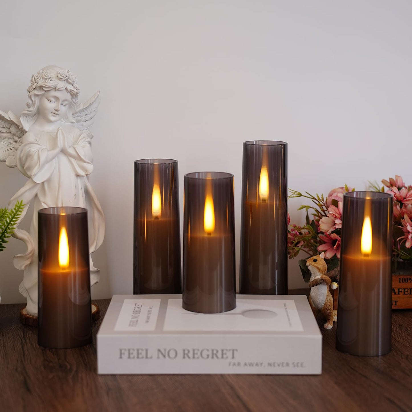 JINYANIA Flameless LED Candles, Upgraded Realistic Flickering Flame Battery Operated Candles with Remote Timer, Acrylic Electric Set of 5 for Romantic Ambiance and Home Decoration（Grey）