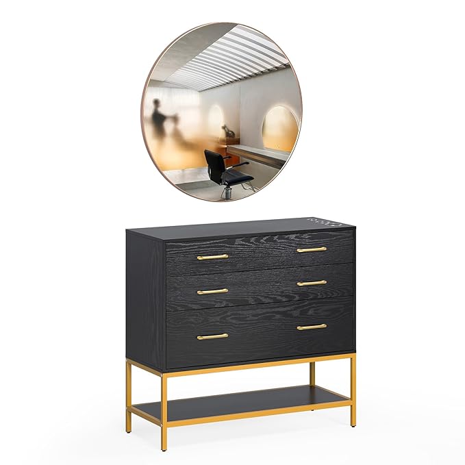 OmySalon Salon Stations for Hair Stylist, Barber Station with Mirror, 3 Drawers, Shelf & Tool Holders, Hair Storage Cabinet Organizer Table for Beauty Spa, Bedroom, Black