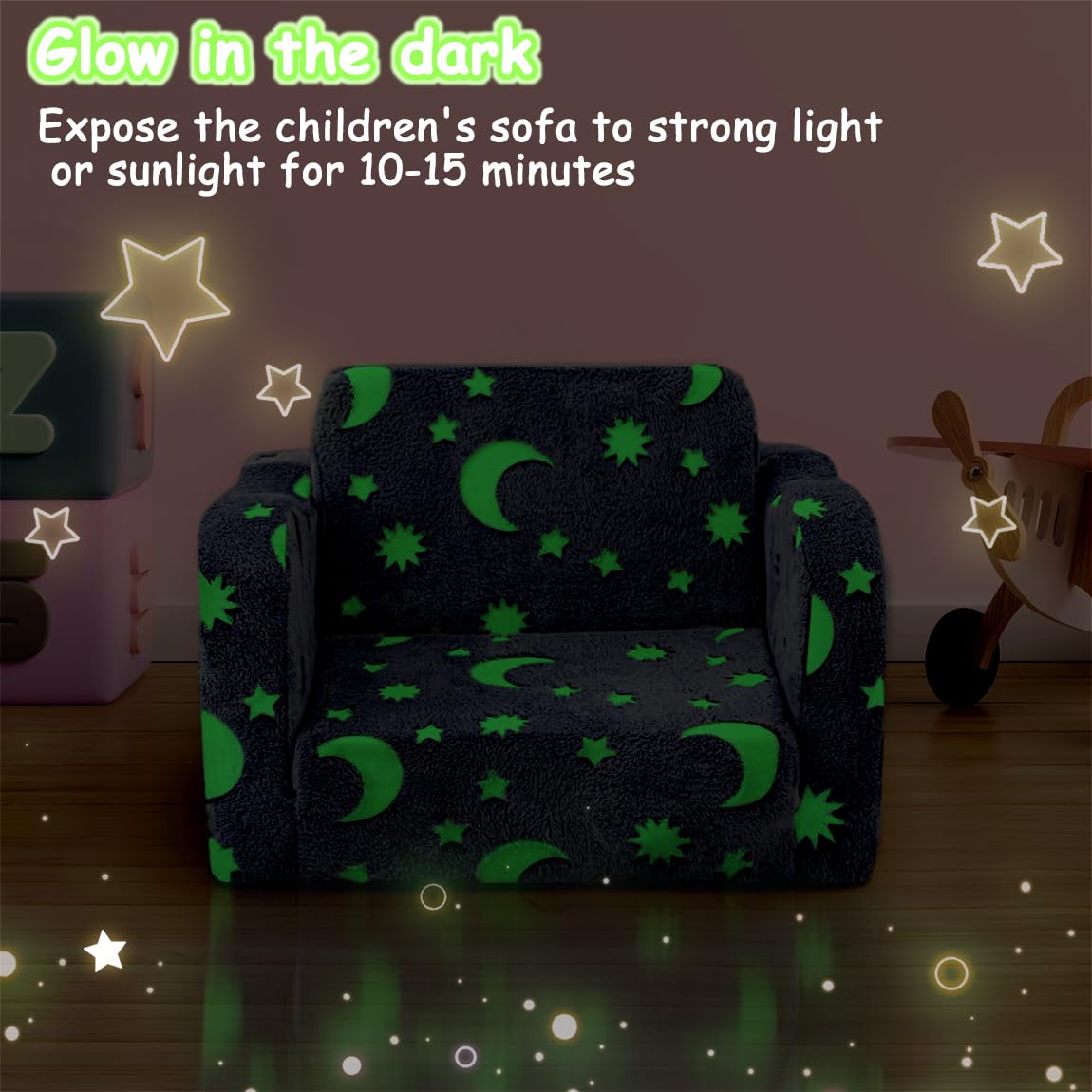 snow mini Kids Toddler Chair, 2-in-1 Toddler Couch Fold Out, Convertible Chairs for Toddlers Comfy Sofa to Lounger with Glow in The Dark Feature, Soft for Girls and Boys
