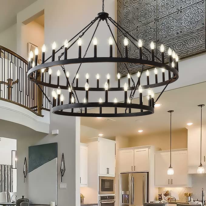 JKLX 60 Inch Large Black Wagon Wheel Chandelier,2 Tier 54-Lights Farmhouse Industrial Country Style Round Pendant Light Fixture for Outdoor Porch high Ceilings Living Dining Room Foyer Entryway