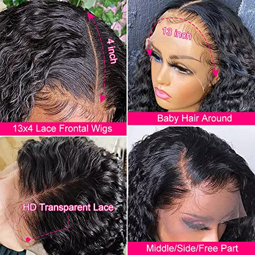 FIRIEYA 13x4 Deep Wave Lace Front Wigs Human Hair 180% Density Glueless HD Transparent Lace Frontal Human Hair Wigs Pre-Plucked with Baby Hair Natural Color (20inch, Natural Black)