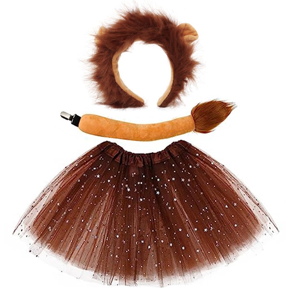 Mifhnby 3PCS Lion Costume Kits Lion Ears Headband Tail and Shiny Tutu For Girls Women Halloween Costume Accessories Cosplay Party Dress Up