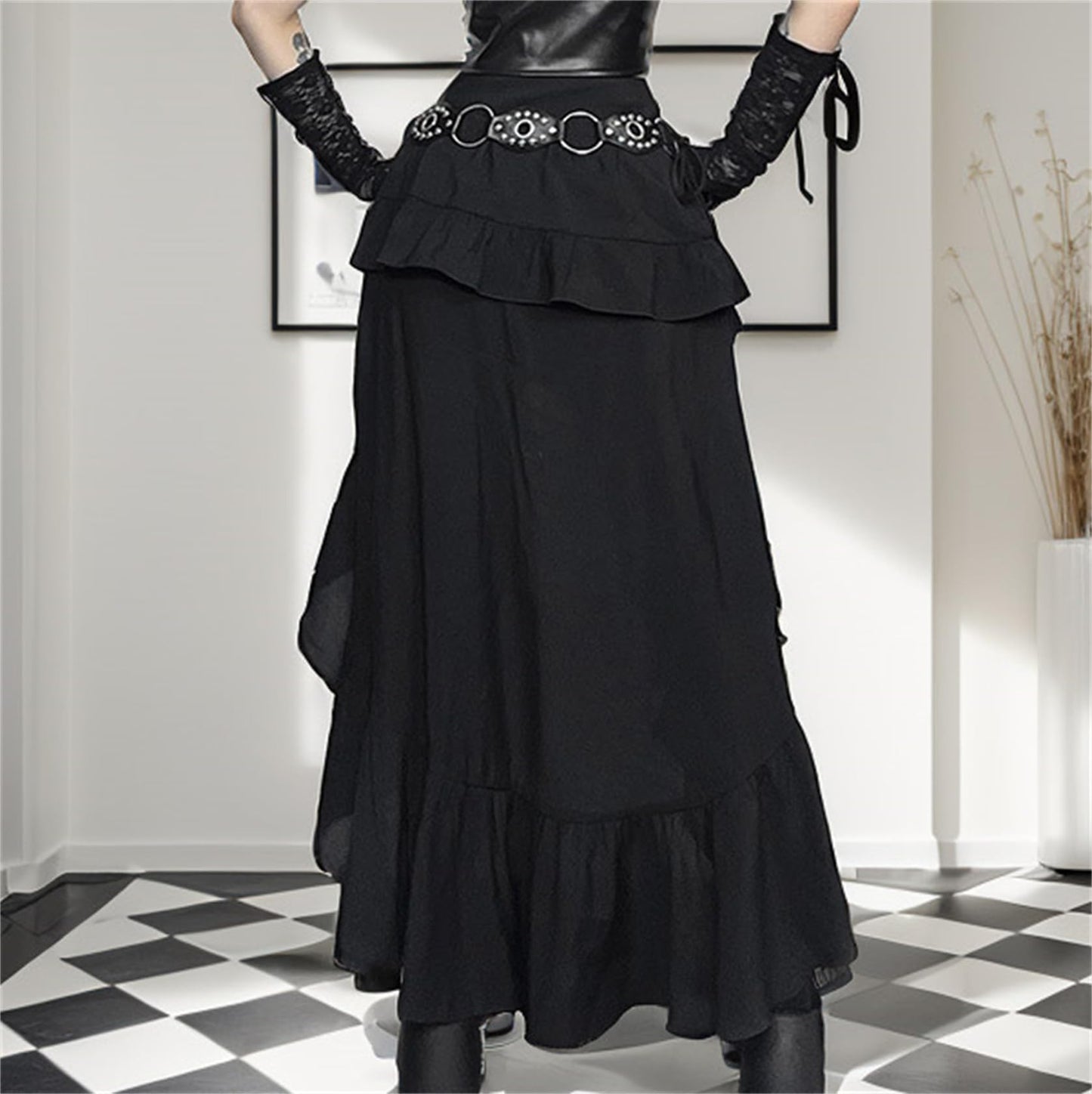 Twfsgirl Goth Long Maxi Skirts Women Y2k Black High Low Punk Emo Ruffle Tiered