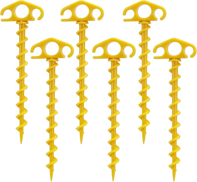 COBARYEN Tent Stakes Ground Anchors Screw in, 6 Pack Sand Stakes for Beach 9.4 Inch Heavy Duty Spiral Tent Pegs for Camping, Party, Hiking, Outdoor Decoration (6, Yellow)