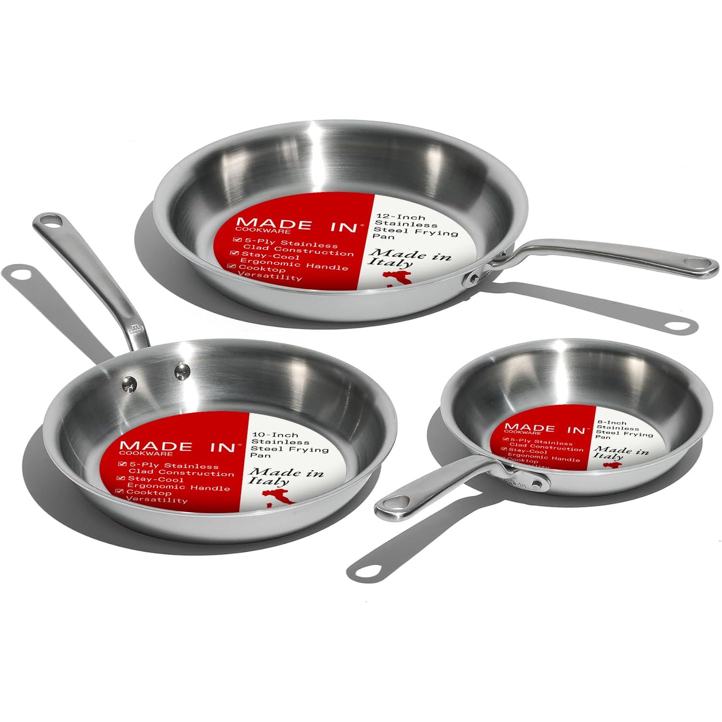 Made In Cookware | 3-Piece (Includes 8",10",12") Stainless Frying Pan Set | 5 Ply Stainless Clad | Professional Cookware | Crafted in Italy | Induction Compatible