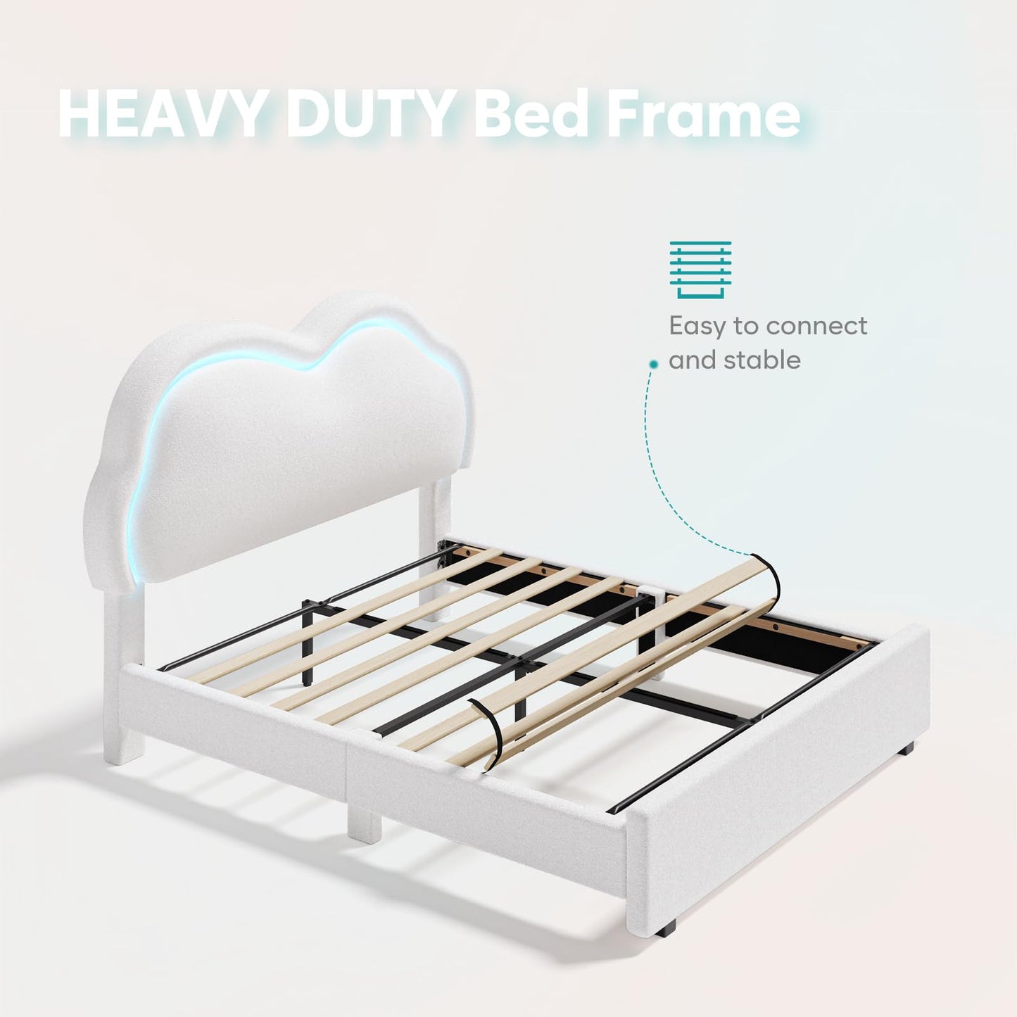 CIKUNASI Cloud Bed Frame Queen Size Platform Bed Frame with Headboard and LED Light for Girls/Kids Upholstered Queen Bedframe with Heavy Duty Wood Slat No Box Spring Needed