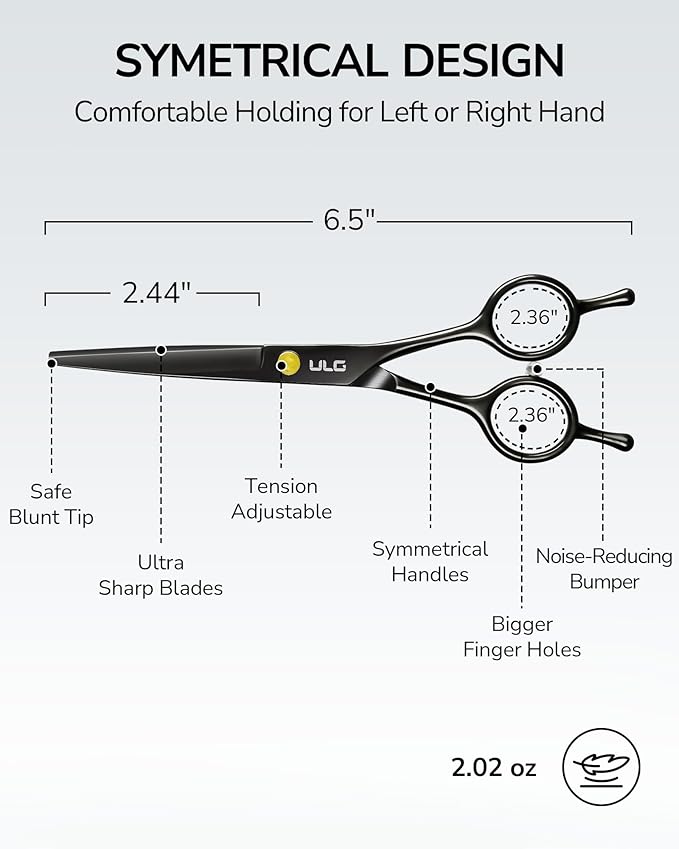ULG Hair Cutting Scissors Professional Salon Shears 6.5-Inch Ultra Sharp Barber Scissors with PU Leather Case, Left/Right Symmetrical, Stainless Steel Haircut Scissors for Men, Women, Salon & Home Use