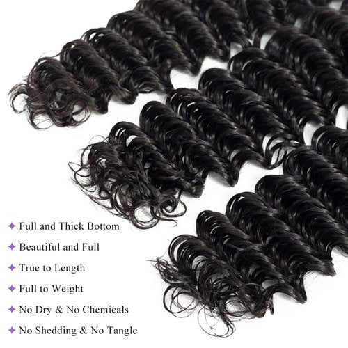 UDesire Deep Wave Human Hair Bundles 12A Brazilian Virgin Human Hair Bundles 18 20 22 Inch Wet and Wavy Curly Bundles Human Hair Extensions for Black Women Natural Black Color