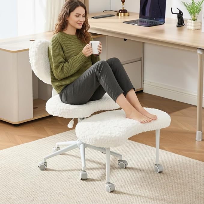 Cross Legged Office Chair with Wheels–360°Swivel Meditation Chair, Adjustable Height Yoga Office Chair for Adults, Ergonomic Kneeling Chair with Back Support for ADHD, Faux Fur, Cream