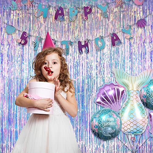 Iridescent Party Streamers Backdrop - GREATRIL Neon Transparent Holographic Tinsel Foil Fringe Curtain for Mermaid/Frozen/...