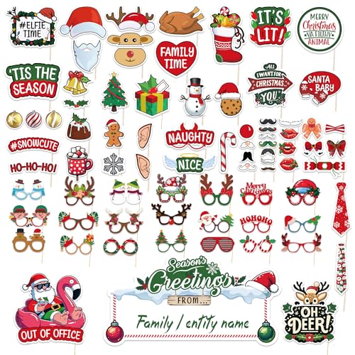 80 PCS Christmas Photo Booth Props Pre Assembled Funny Photo Props for Parties, Holiday Photobooth & Xmas Photoshoot Decor...