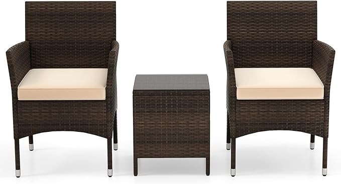 KOTEK 3 Piece Patio Furniture Set, Outdoor Wicker Patio Chairs with Soft Cushions & Tempered Glass Top Table, PE Rattan Bistro Set for Porch, Garden, Balcony (Beige)