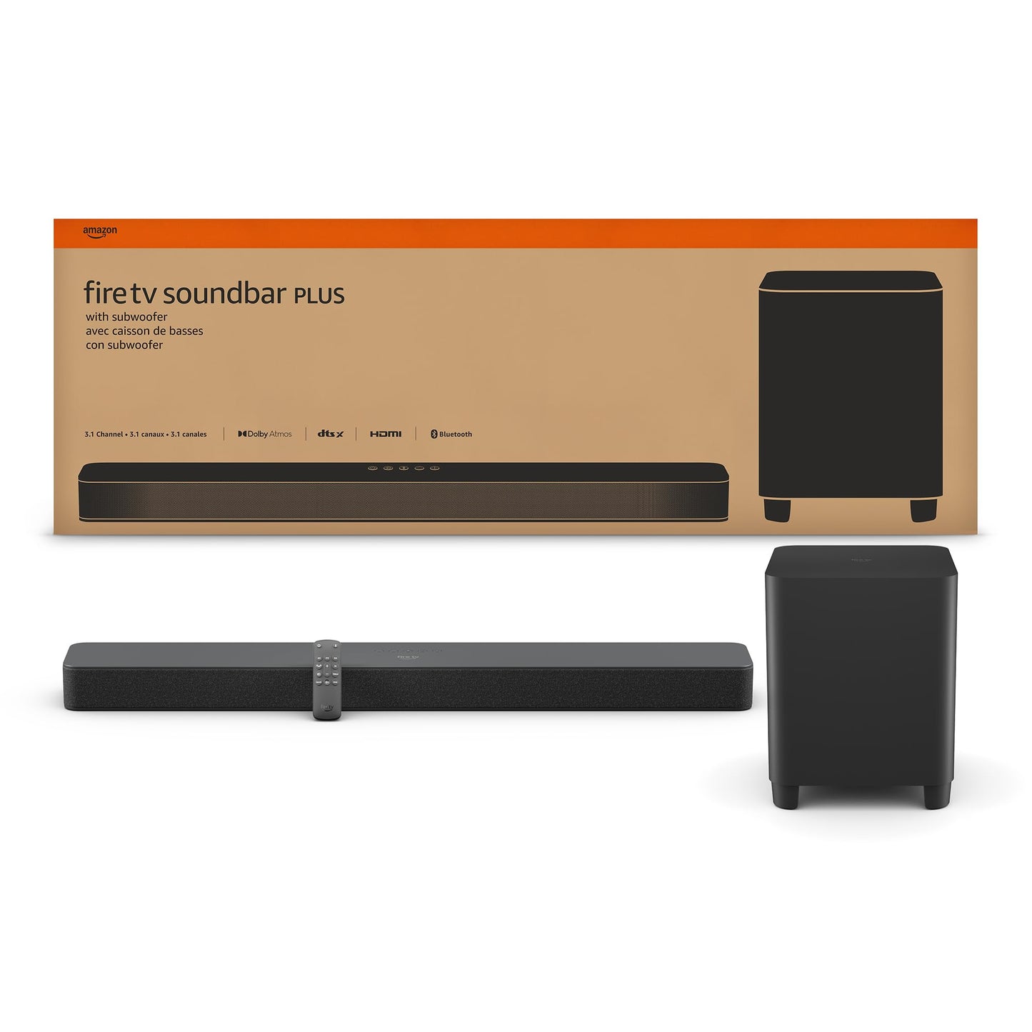 Amazon Fire TV Soundbar Plus with subwoofer (newest model), 3.1 channel, Dolby Atmos, DTS:X, clear dialogue