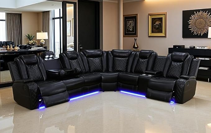 Dekmxas Living Room Furniture Set, Power Sectional Recliner Sofa Set with LED Light,Black Air Leather Power Reclining Sofa with 2 Recliner Seats/Cup Holders/USB Port/Storage Console for Living Room