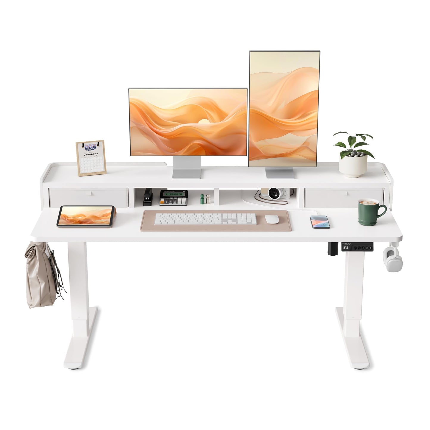YIHAYO Low Height Adjustable Desk with Drawers, Lifts 18.1-28.3 Inches, Electric Standing Desk with Storage Shelf for Short People, 55 x 24 Inches Table with Splice Board for Home Office, White