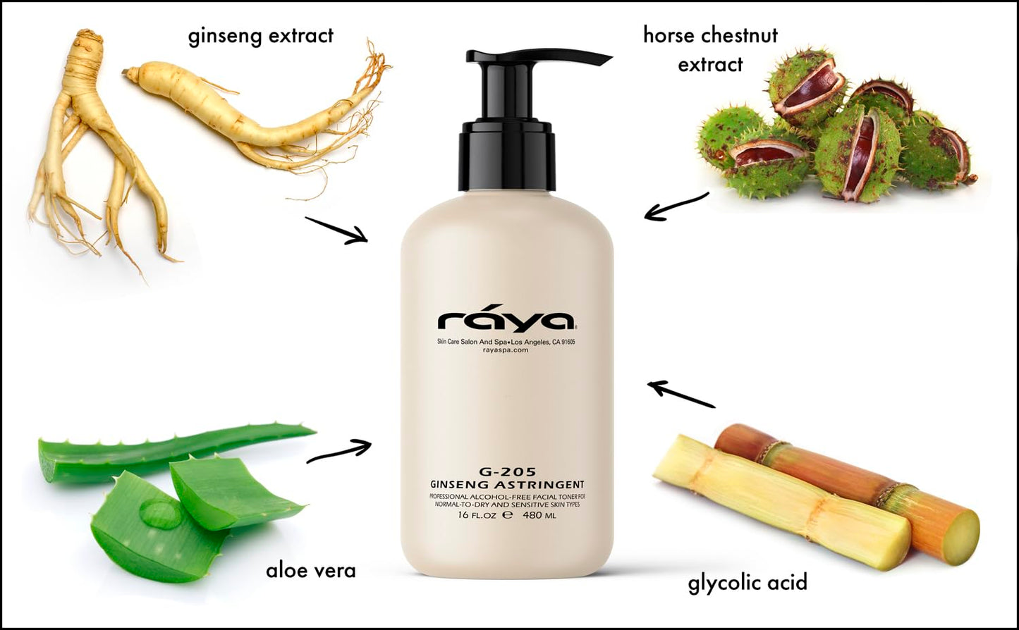 RAYA Ginseng Astringent with AHA 16 oz (G-205) | Gentle Glycolic Facial Toner for Dry and Sensitive Skin | Helps Tighten Pores,